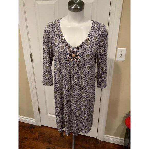 Boden Purple Floral V-Neck Dress W/ Jewels & Beads Size 8R (US) 12R (UK) - Picture 1 of 6